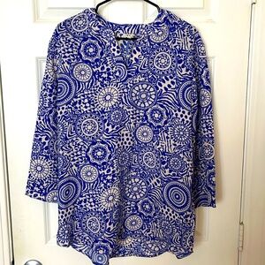 Truly4You Blue and White Geometric Printed Blouse Top Women’s Large